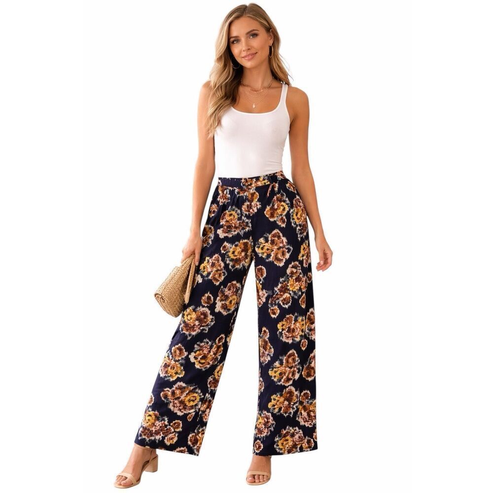Band of Gypsies Navy Yellow Floral Flowy Wide Leg Pants Y2K SZ XL # 2592